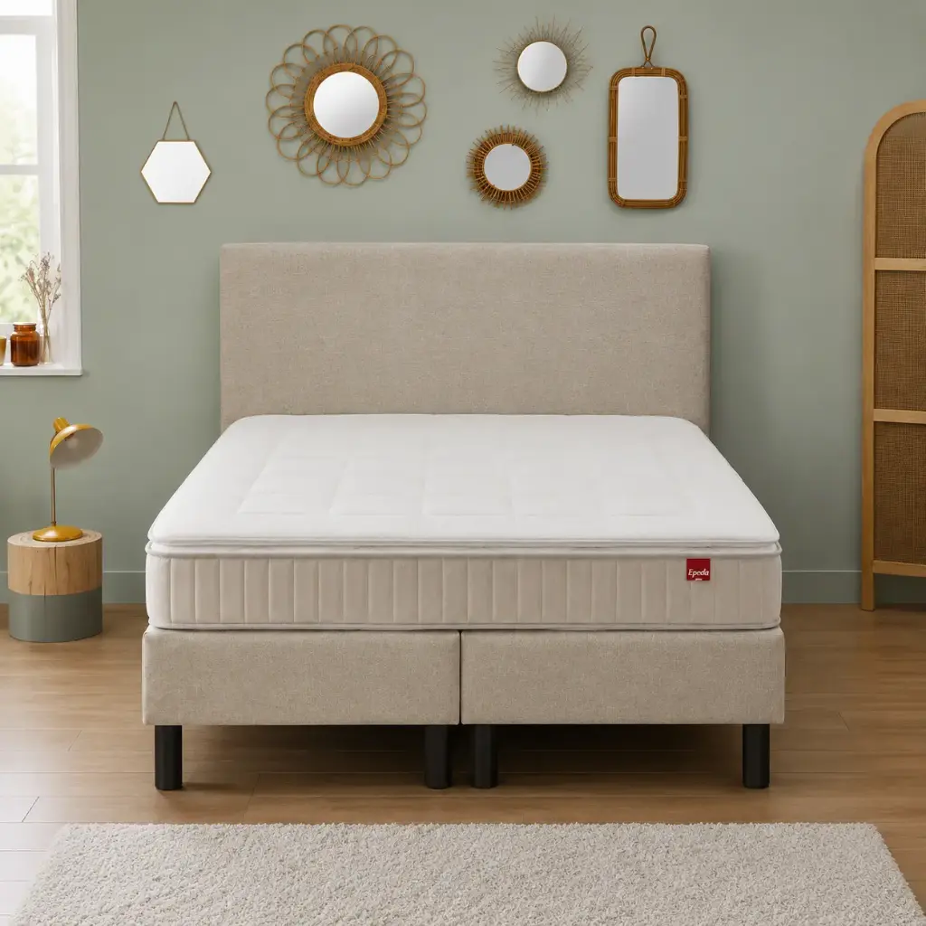 Lit Boxspring Epeda de 160 x 200 cm composé d'un double sommier de 80 x 200 cm Déco 14 / un matelas Classic 100 de 160 x 200 cm / une tête de lit douceur de 160 x H 120 cm / un jeu de pied cylindrique dôme vernis bois clair 