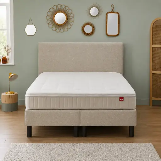 [COF] Lit Boxspring Epeda de 160 x 200 cm composé d'un double sommier de 80 x 200 cm Déco 14 / un matelas Classic 100 de 160 x 200 cm / une tête de lit douceur de 160 x H 120 cm / un jeu de pied cylindrique dôme vernis bois clair 