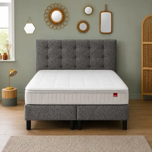 [COF] Lit Boxspring Epeda de 160 x 200 x H 63 cm composé d'un double sommier de 80 x 200 cm Déco 14 / un matelas Prestige 600 de 160 x 200 cm / une tête de lit Prestige de 160 x H 120 cm Chiné gris Urbain / un jeu de pied cylindrique Noir H 20 cm