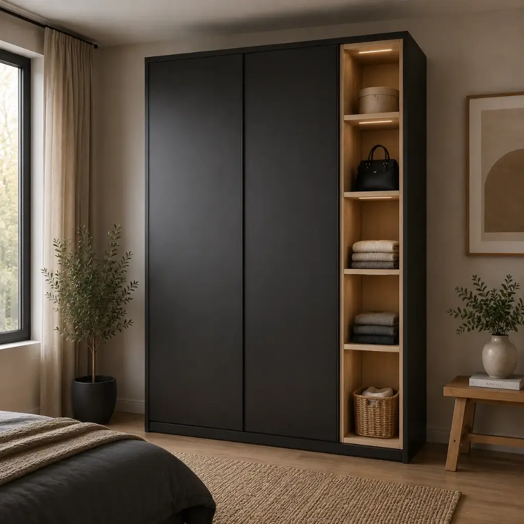 [IMP] Dressing coloris noir et bois en aggloméré mélamine - 2 portes + niche avec étagères - dimensions : L 128 x P 60 x H 201 cm 