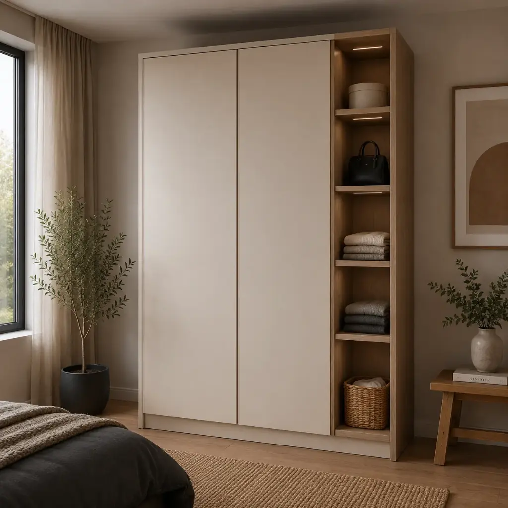 [IMP] Dressing coloris beige et bois en aggloméré mélamine - 2 portes + niche avec étagères - dimensions : L 128 x P 60 x H 201 cm 