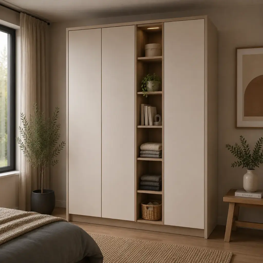 [IMP] Dressing coloris beige et bois en aggloméré mélamine - 3 portes + niche avec étagères (éclairages non-compris) - dimensions : L 178 x P 60 x H 201 cm